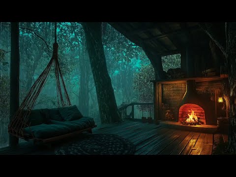 Porch Hidden in the Tropical Forest | Peaceful Chill Corner with Rain Sounds and Cozy Fireplace