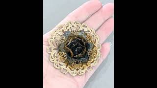Vintage MIRIAM HASKELL Jet Black Glass & Gilt Gold Filigree Brooch HUGE!