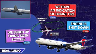 Engine fire shortly after takeoff. Single engine landing. Delta Boeing 764 returns to LA. Real ATC