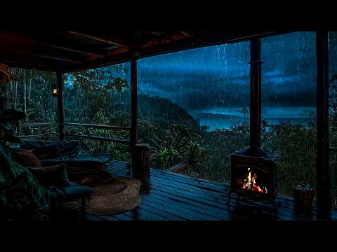 Rainy Porch Ambience - Fall Asleep with Rain, Thunder and Fire Sounds - Reduce Stress, Relax