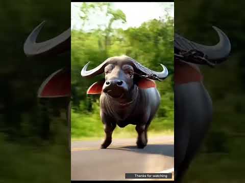 A buffalo is being taken tied with a chain then it breaks the chain and runs away #ai.#shorts #viral