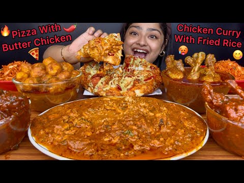 CHEESY CHICKEN PIZZA WITH BUTTER CHICKEN MURGIR LAL JHOL WITH CHICKEN SCHEZWAN FRIED RICE | MUKBANG