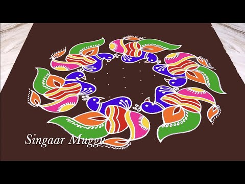 Peacock Rangoli with 11X6 dots | Cute deepam rangoli | Mayil kolam | how to create peacock rangoli