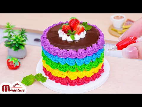 So Fresh Miniature Rainbow Fantasy Cake With Strawberry Decorating | ASMR Cooking Mini Food