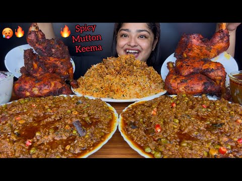 SPICY OILY MUTTON KEEMA WITH CHICKEN BIRYANI AND SPICY TANDOORI CHICKEN TANGDI, RAITA | ASMR MUKBANG