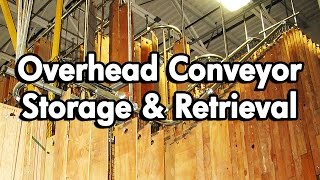 Storage and retrieval of long parts using an overhead conveyor