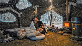 Camping in Heavy Snow with My Dog . Inflatable Hot Tent . Wood Stove ASMR