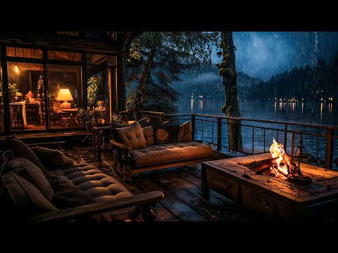 Lakeside Porch Rainy Day - Relax by the Fireplace and Rain on Cozy Porch, Best for Sleep, Study