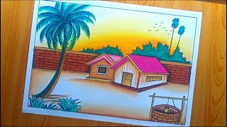 Easy nature scenery drawing || drawing easy scenery with oil pastels || House scenery drawing ||