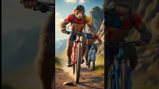 A monkey rides a bicycle #ai #createvideo #monkey #mountain #bicycle