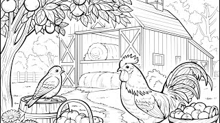 Farm with Barn Chickens Pets  Paint by Numbers Zen Color by Number #vacations #coloringbook