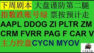 220 下周大盘谨防第二腿 VIX 美元指数 主力控盘CYCN MYOV票按预计走AAPL V继续跌 ZM触底反弹DDOG ZI PAG CAR 新高PLTR F CRM FVRR继续涨 美股 牛股