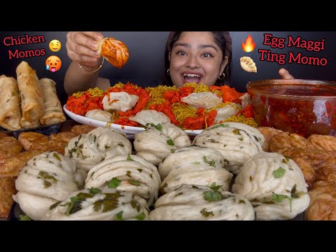 TING MOMO WITH SPICY CHICKEN SOUP, EGG MAGGI WITH CHICKEN STEAM MOMOS, CHICKEN FRIED MOMOS | MUKBANG