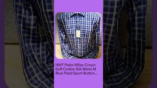 NWT Peter Millar Crown Soft Cotton Silk Mens M Blue Plaid Sport Button Up Shirt