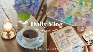 初夏のおうちカフェ☕️雨の日が楽しみになるレシピと暮らしの記録🌧️｜紫蘇ジュース、琥珀糖、紫陽花ゼリー、メニュー表作りetc.