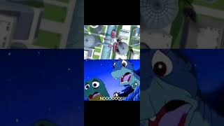 Littlefoot, Ducky, Petrie and Spike watch Robot Repairman Austin falling to his near-death