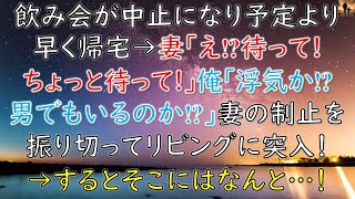 【ほっこりする話】飲み会が中止になり予定より早く帰宅→妻「え！？待って！ちょっと待って！」俺「浮気か！？男でもいるのか！？」妻の制止を振り切ってリビング突入すると、そこにはなんと…！