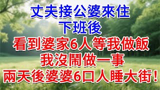丈夫接公婆來住，下班看到婆家6人等我做飯，我沒鬧做一事，兩天後婆婆6口人睡大街！#為人處世#生活經驗#情感故事#故事#小說#戀愛#情感#婚姻