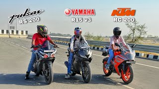 RS200 vs R15 V3 vs RC 200 Drag Race | Shocking Result!