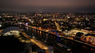 Newcastle & Gateshead Evening/Night Stock Drone Aerial Footage WIDE ANGLE & ZOOM