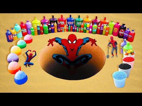 Giant Toothpaste Eruption from Spiderman pit with Giant Coca Cola, Pepsi, Fanta and Mentos