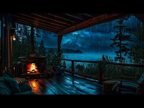 Thunder, Wind and Rain Sound In The Porch with Fireplace For Sleep - Stormy In The Beach Ambience