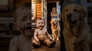 Cute Baby Carefully Rescued by Golden Retriever Dog #dog #aifun #baby