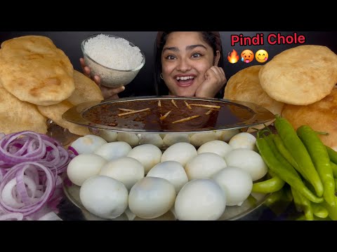 SPICY SPICY PINDI CHOLE WITH FLUFFY BHATURE AND 15 BOILED EGGS, BASMATI RICE | ASMR EATING MUKBANG