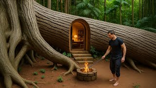 I building  a Complete Bushcraft Survival House on a Giant Fallen Tree Trunk ( Part 2 )