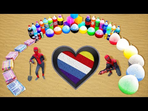How to Make Rainbow Heart with Orbeez, Giant Balloons of Fanta, Mtn Dew, 7up, Coca Cola vs Mentos