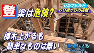 【No.56】60歳からの挑戦!!セルフビルドでログハウスを建てる／祝!!棟上がるも恐怖の登梁