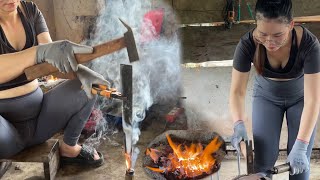 surprise. beautiful blacksmith girl helps poor old woman forge her rusty old knife