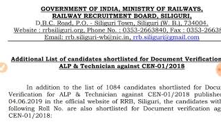 RRB ALP & TECHNICIAN ADDITIONAL LIST FOR DV ( DOCUMENT VERIFICATION) ON 8/6/2019 / RRB SILIGURI ALP