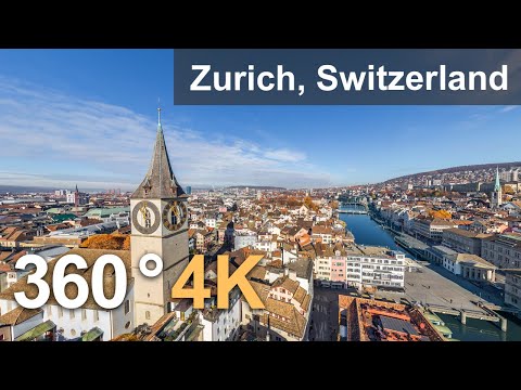 Zurich, Switzerland. Aerial 360 video in 4K. Virtual travel