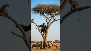 Hyenas waiting to attack monkeys on the tree #wildlife #animals #youtubeshorts #shorts