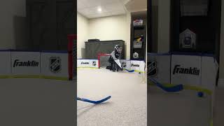 Mini stick knee hockey saves and top corner goal.