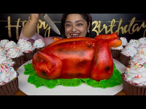 HAPPY BIRTHDAY TO MEEEEE 🤩🎂🥳🎉 ROASTED WHOLE CHICKEN CAKE 🍰 YUMMY RED VELVET CUPCAKES 🧁| ASMR MUKBANG