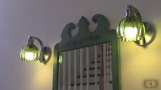 HIGH QUALITY! VerRon Chargeable Wall Sconces with Green Glass Lampshades, Remotes, Brushed Nickle