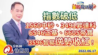 指數破低，1560中砂、3491昇達科、6546正基、6605帝寶、3596智易逆勢收紅！｜2022/06/17｜徐照興 分析師｜台股龍捲風
