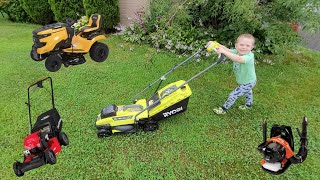 Yard Work + lawn mower videos for toddlers | COMPILATION of riding mower, garden tools, and more!