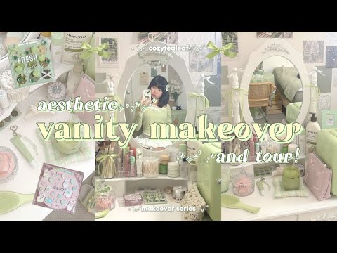 aesthetic vanity makeover + tour🩰🌿pinterest-inspired, skincare + makeup organization