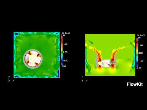 FlowKit Ltd: 3D simulation of a multi-phase axial pump. Fluid Velocity.