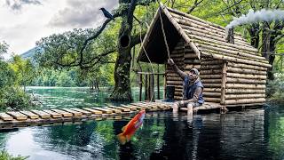 Building a Floating Log Cabin in the Wild with My Dogs | Bushcraft Water Shelter