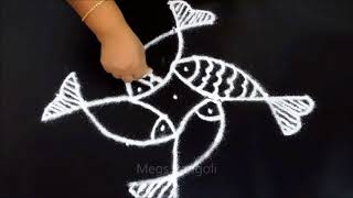 Fish kolam with dots | fish rangoli with 5-1 dots | fish muggulu with dots