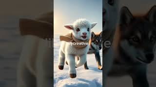 Lamb and wolf cub playing in the snow #creativeai #funny #cute #animals