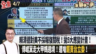 【#全國第一勇】Live直播2025.04.07 賴清德對美不採報復關稅！拋5大應變計畫！藍籲民進黨停止大罷免！傅崐萁走大甲媽遶境！遭嗆"罷賣台立委"！羅廷瑋消費牛肉麵！名下保單更狂！