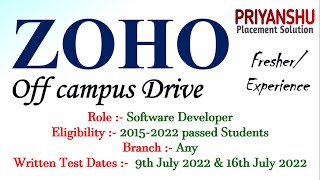 ZOHO off campus drive Software Developer | 2015-2022 | 3-15LPA | ZOHO recruitment 2022 | ZOHO