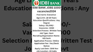 Idbi executive recruitment 2024| #trending #viralvideo #ytshorts #shorts #workfromhome #govtjobs2024