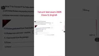 class 9 english 1st unit test 2025 // class 9 english first unit test question paper 2025