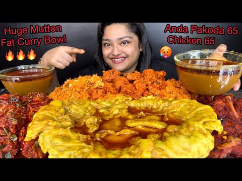 HUGE MUTTON FAT CURRY BOWL, SPICY EGG PAKODA 65, CHICKEN LOLLIPOP AND CHICKEN 65 FRIED RICE |EATING